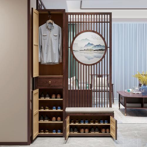 新中式客厅进门玄关衣帽柜全实木入户门厅隔断屏风换鞋柜一体榆木