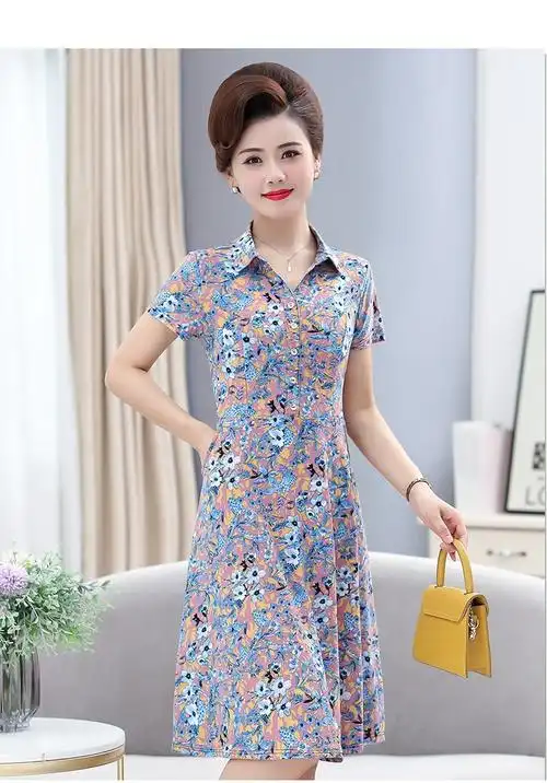 女式中年人穿的夏天的裙子中老年妈妈连衣裙夏时尚洋气50岁短袖中年女
