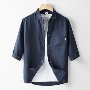 棉麻中袖衬衫男