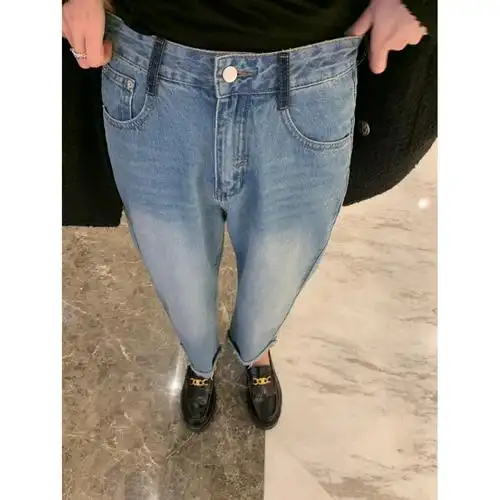 卷边裤脚牛仔裤女泫雅风高腰宽松显瘦复古直筒小个子女式牛仔长裤
