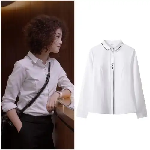 精英律师蓝盈莹戴曦同款白色衬衫女时尚洋气衬衣韩版修身方领上衣
