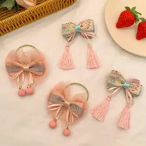 古风刺绣网纱蝴蝶结发饰儿童头饰小女孩汉服配饰品发卡头花朵流苏