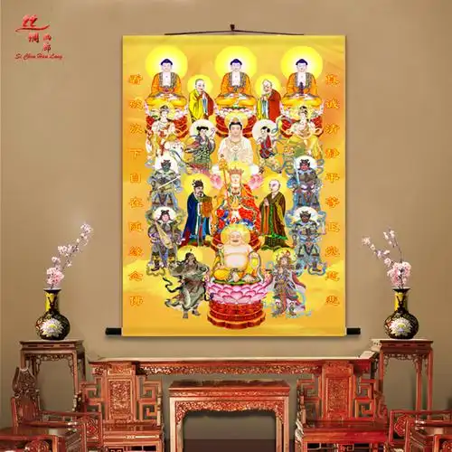 批发三尺三全堂佛像挂画佛堂全佛图供奉卷轴地藏王观音如来丝绸画