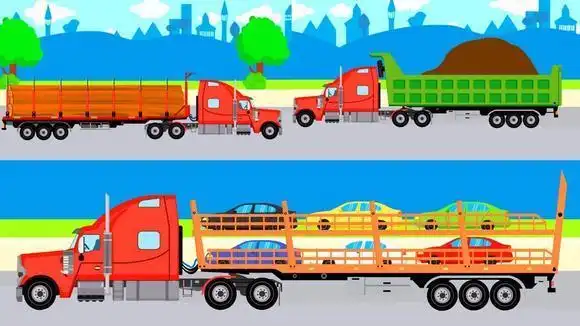 红色大卡车运送多辆小汽车拉送沙土演示动画视频