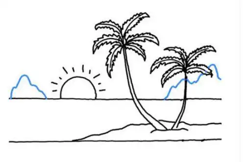 海边落日简笔画怎么画彩色日落的海边简笔画教程