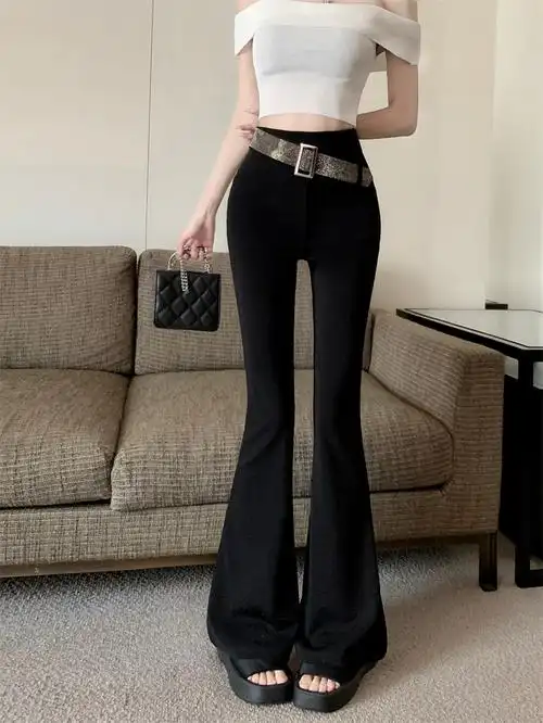 黑色微喇叭西装裤设计感烫钻高腰裤修身显瘦开叉拖地长裤 - 17网