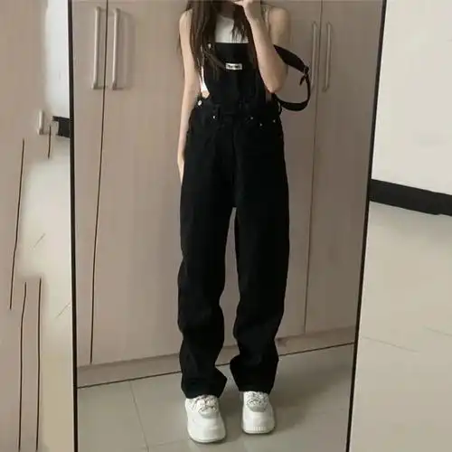 【官图特价】黑色牛仔背带裤女高腰宽松直筒吊带裤拖地裤裤子 - 17网