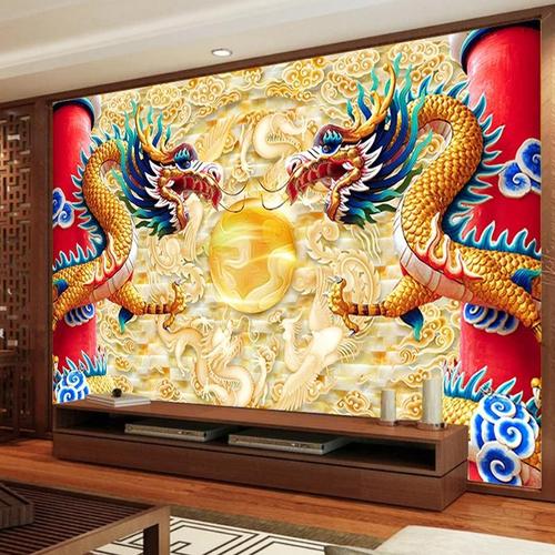 双龙戏珠壁纸立体无缝客厅佛堂背景墙装饰画客厅墙纸寺庙祠堂壁画