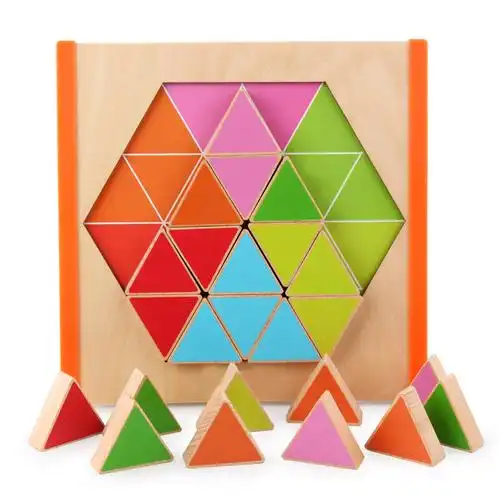 蒙氏木制儿童颜色认知益智六边形马赛克拼板拼图自我探索木质玩具