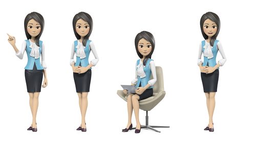 卡通角色女主持人物动作动画视频素材 透明背景有绿底剪映能用