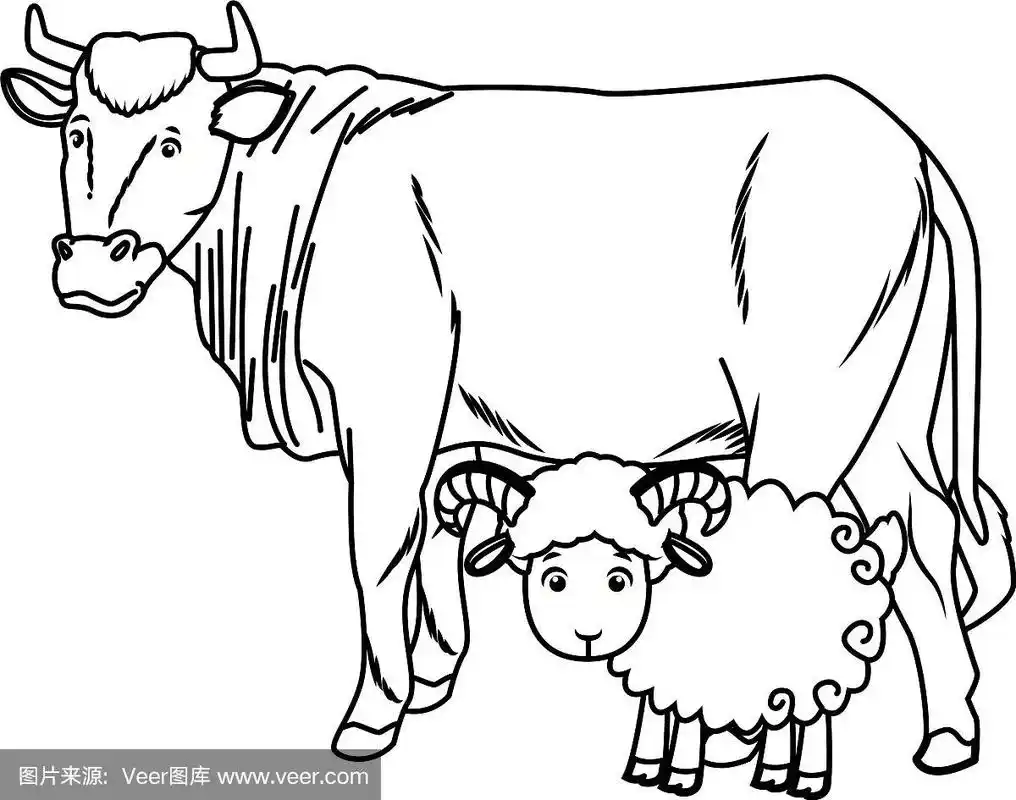 牛和山羊动物卡通孤立在黑色和