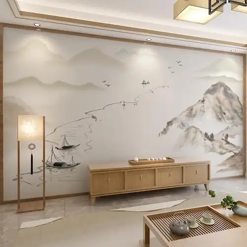 新中式壁布古典山水画墙纸3d水墨意境电视背景墙客厅茶室壁纸墙布