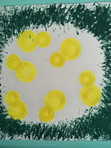 第二步:用海绵棒蘸取黄色颜料做小鸡身体(大海绵棒),脑袋(小海绵棒)