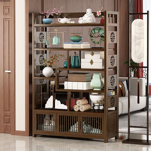 古风办公室书架实木落地置物架家用中式带门带抽多层楠竹简约书柜