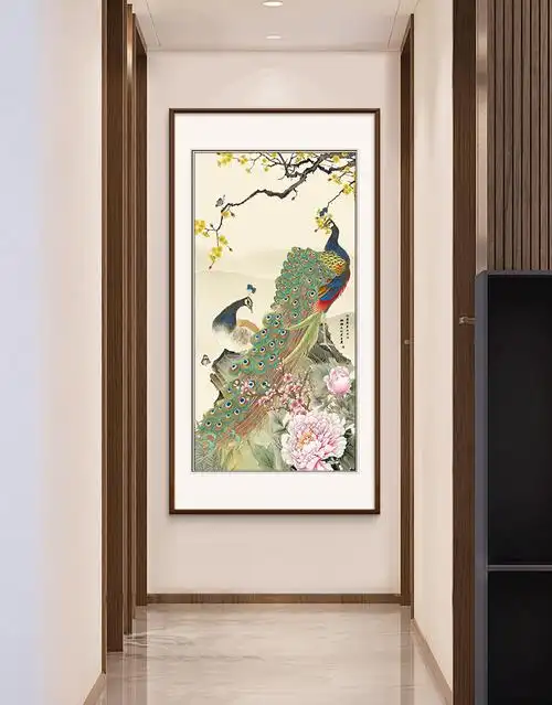 艺美吉舍新中式玄关装饰画入户走廊过道进门中国风孔雀开屏竖版挂画