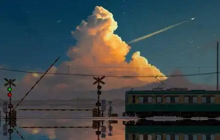 云的彼方 水上列车 湖 云 晚霞 星空 城市 动漫风景场景4k壁纸