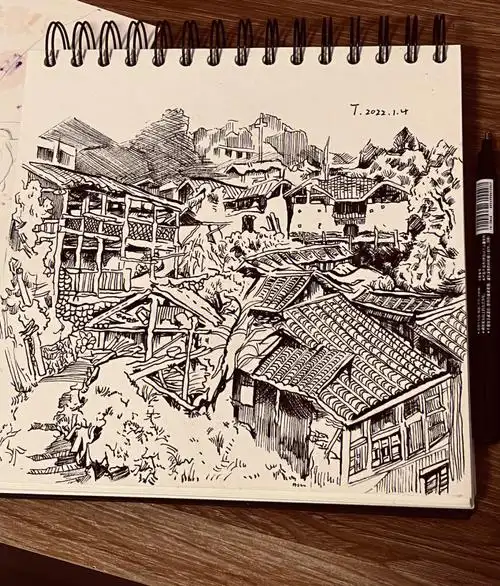 黑白风景画勾线笔