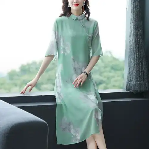 2021年新款女洋气小个子妈妈民族风改良旗袍裙中式印花连衣裙夏装