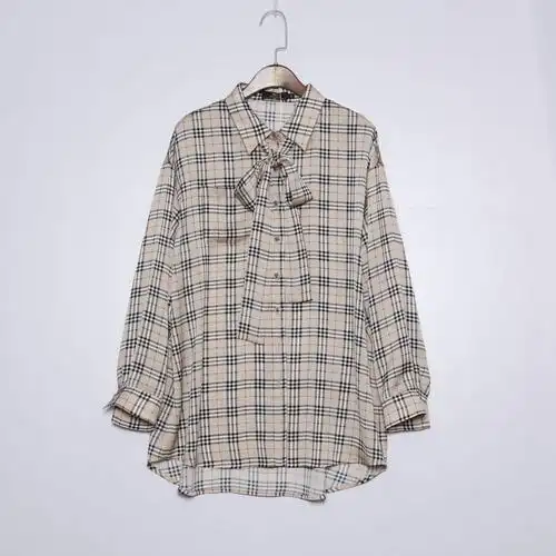 格子衬衫春夏新款长袖 韩版休闲撞色上衣女 外套格子蝴蝶结衬衫