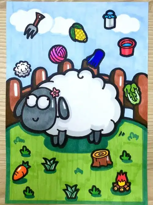 羊了个羊马克笔手绘儿童画简笔画绘画过程