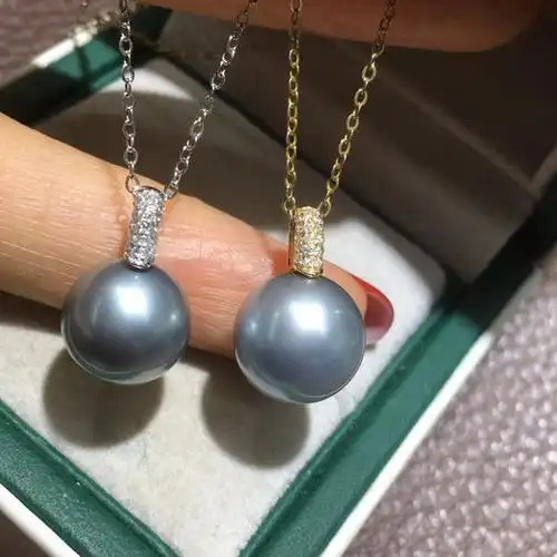 大溪地高级铂金灰珍珠吊坠18k金钻石镶嵌1112mm正圆强光皮滑微微瑕
