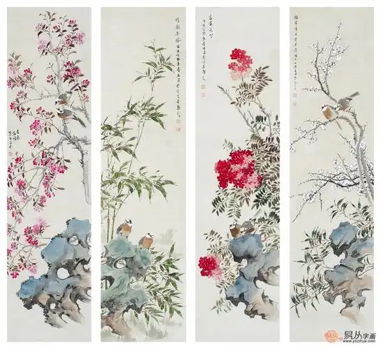 许芬国画四条屏《春色满园》(作品来源:易从网)许芬新品花鸟四条屏