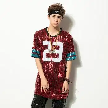 dj演出服主持人表演服装修身亮片t恤数字街舞篮球t恤ds嘻哈男装 红色