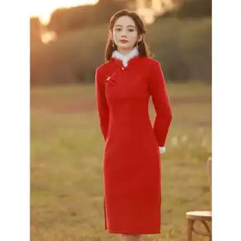 外套冬季小个子少女圣诞过旗袍敬酒服拜年服红色大衣外套红色旗袍m