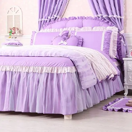 巧致生活紫色全棉四件套床裙式床单纯棉被套蕾丝碎花公主风床品
