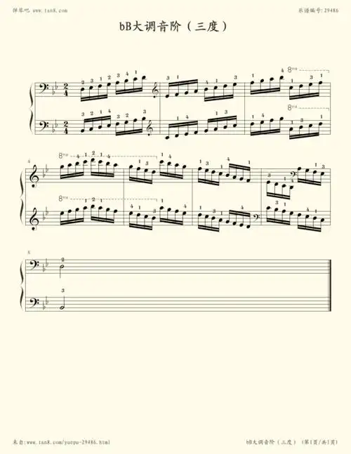 钢琴谱:bb大调音阶(三度) 考级