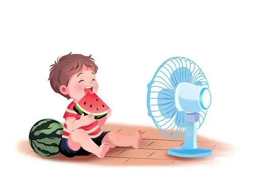 彩色卡通手绘小男孩吃西瓜吹风扇原创插画元素
