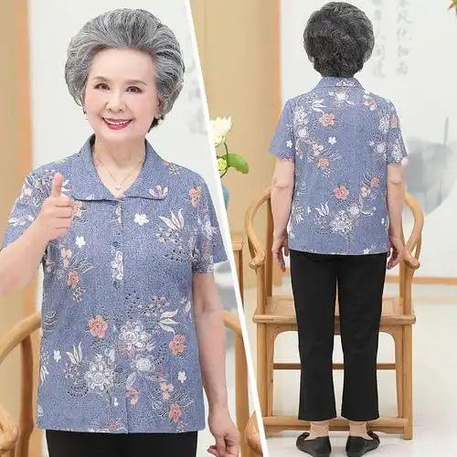 老年人夏装女衬衫60-70岁妈妈短袖奶奶装老人衣服夏天套装老太太