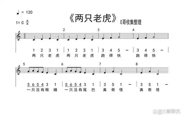 《两只老虎》的谱子简谱写法为|1231 |1231 |345-| 345-| 565431