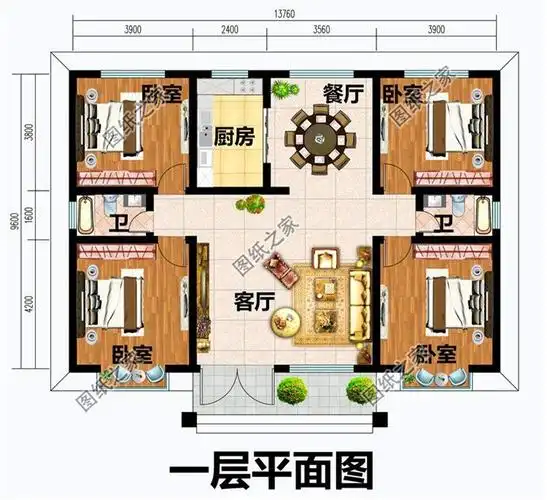 第二款:农村一层自建房设计图,户型简单实用
