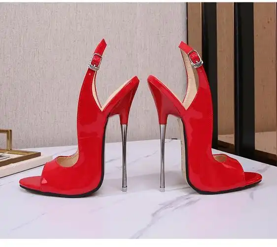 发货】高跟鞋床上凉鞋恨天高鱼嘴细高跟钢跟薄底16大码摆拍女鞋 红色