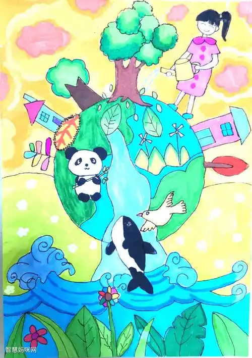 "同一个地球 绿色家园"环保绘画三年级作品 - 智慧妈咪网