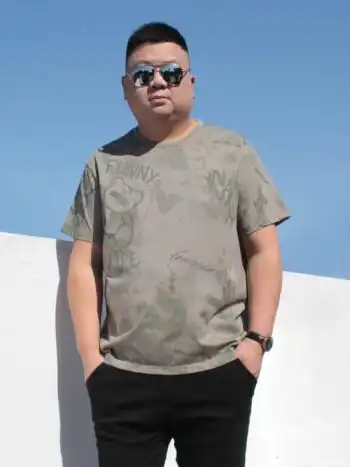 短袖t恤轻奢暗花迷彩卡通宽松胖子肥佬半袖男士卡其色3xl190190斤左右