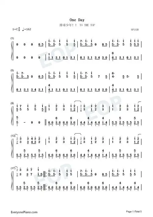 one day-排球少年to the top片尾曲双手简谱预览1