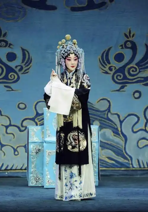 京剧《赵氏孤儿》中的黑缎团凤女帔 姜亦珊饰庄姬公主红色女帔,视觉