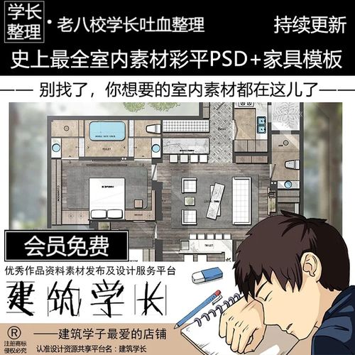 超全室内彩色平面图模板psd合集 家具素材图块铺装材质工家装环艺