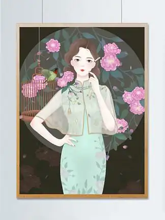 原创手绘古风 i>水 /i> i>彩 /i>民国复古旗袍 i>美 /i> i>女 /i>国潮