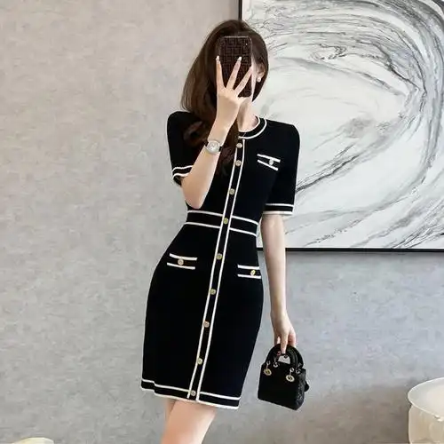 小香风夏装女复古针织连衣裙修身显瘦包臀ol通勤职场气质穿搭图片_视
