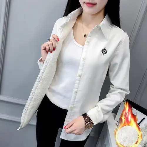 韩版加绒加厚秋冬新款修身衬衫女纯色保暖长袖衬衣打底衫