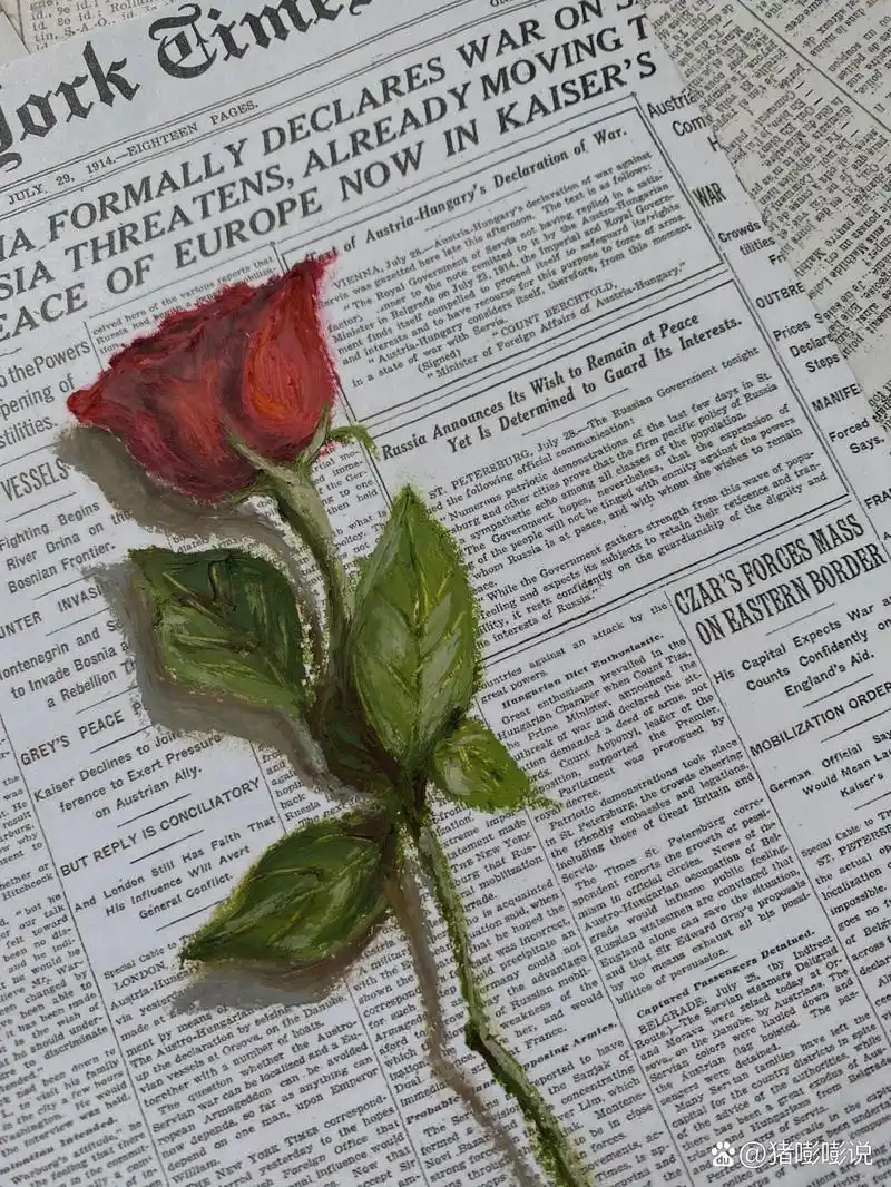 96油画棒|15分钟速涂08复古玫瑰花 在英文报纸上画立体的玫瑰花