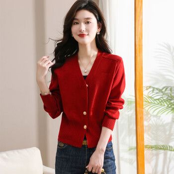 tezimyt针织开衫女高腰短款毛衣外套小个子春秋女装薄款红色m100110斤