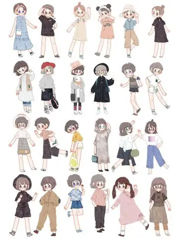 com 日韩系手绘北欧女孩情侣简笔条线卡通人物男孩打印手帐贴纸不干胶