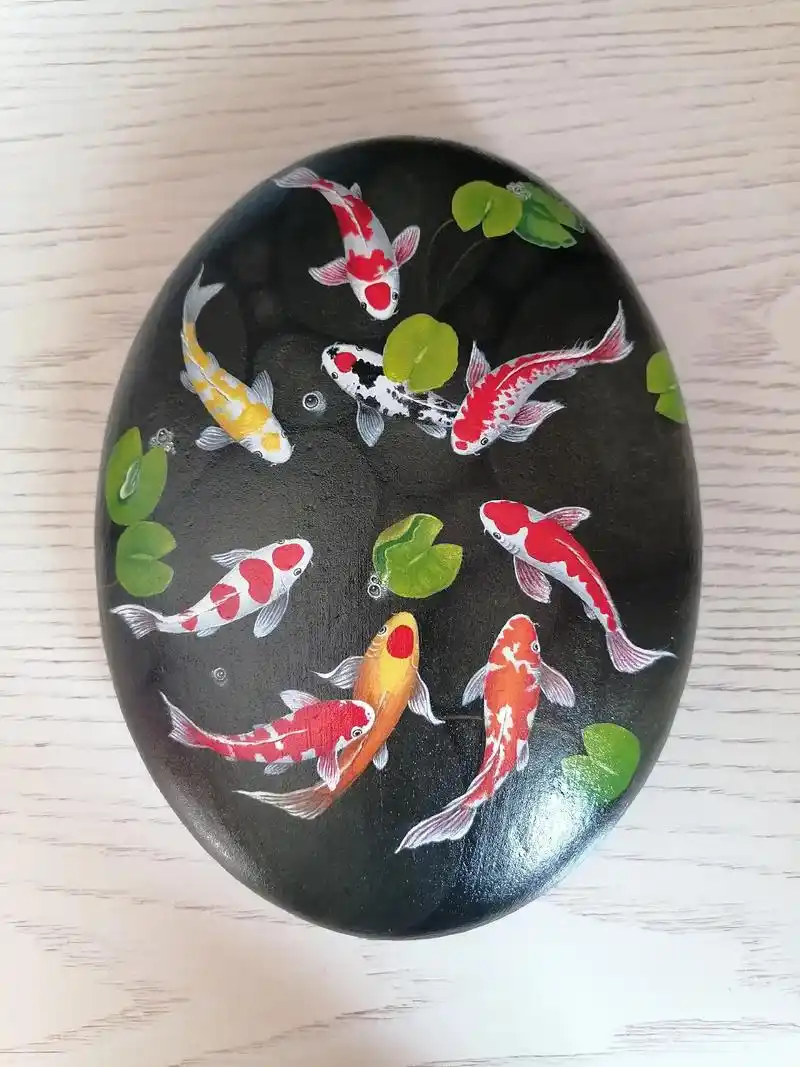 手绘石头画#九鱼图#年年有余 鱼戏莲叶间,预示着家庭和和美 - 抖音