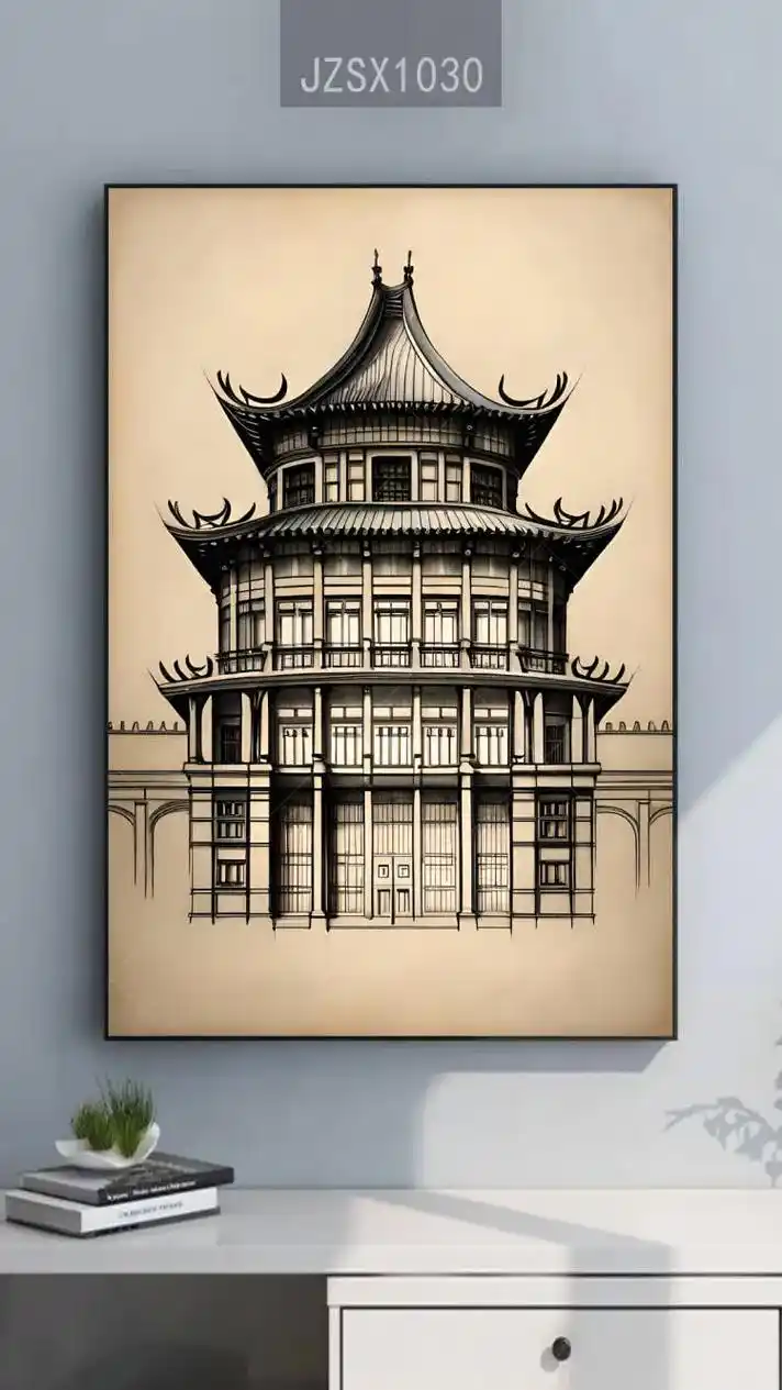 黑白建筑物房子线描艺术玄关装饰画高清图片设计素材图库大全装饰