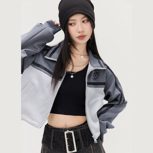 24春季格雷系休闲撞色分割织带拼接短款夹克翻领上衣女式外套