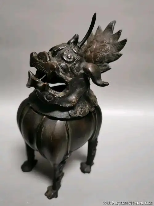 晚清民国,纯铜麒麟香薰,全品,包浆浑厚